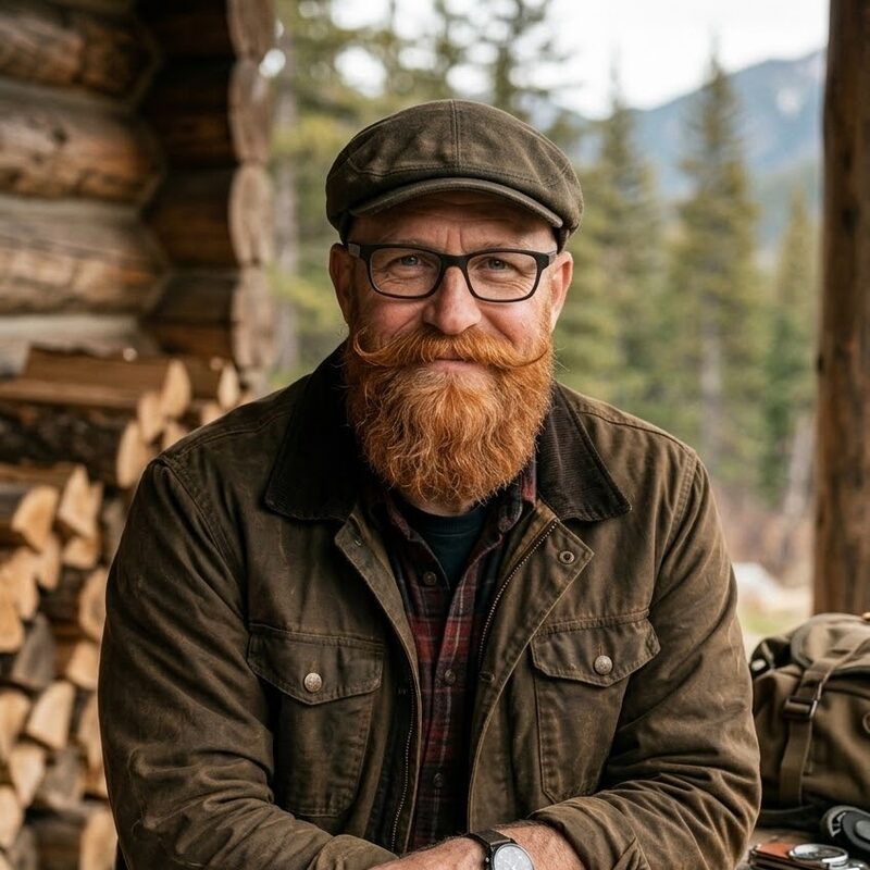 Dad: a bearded man in a flat cap and glasses. Character artwork.
