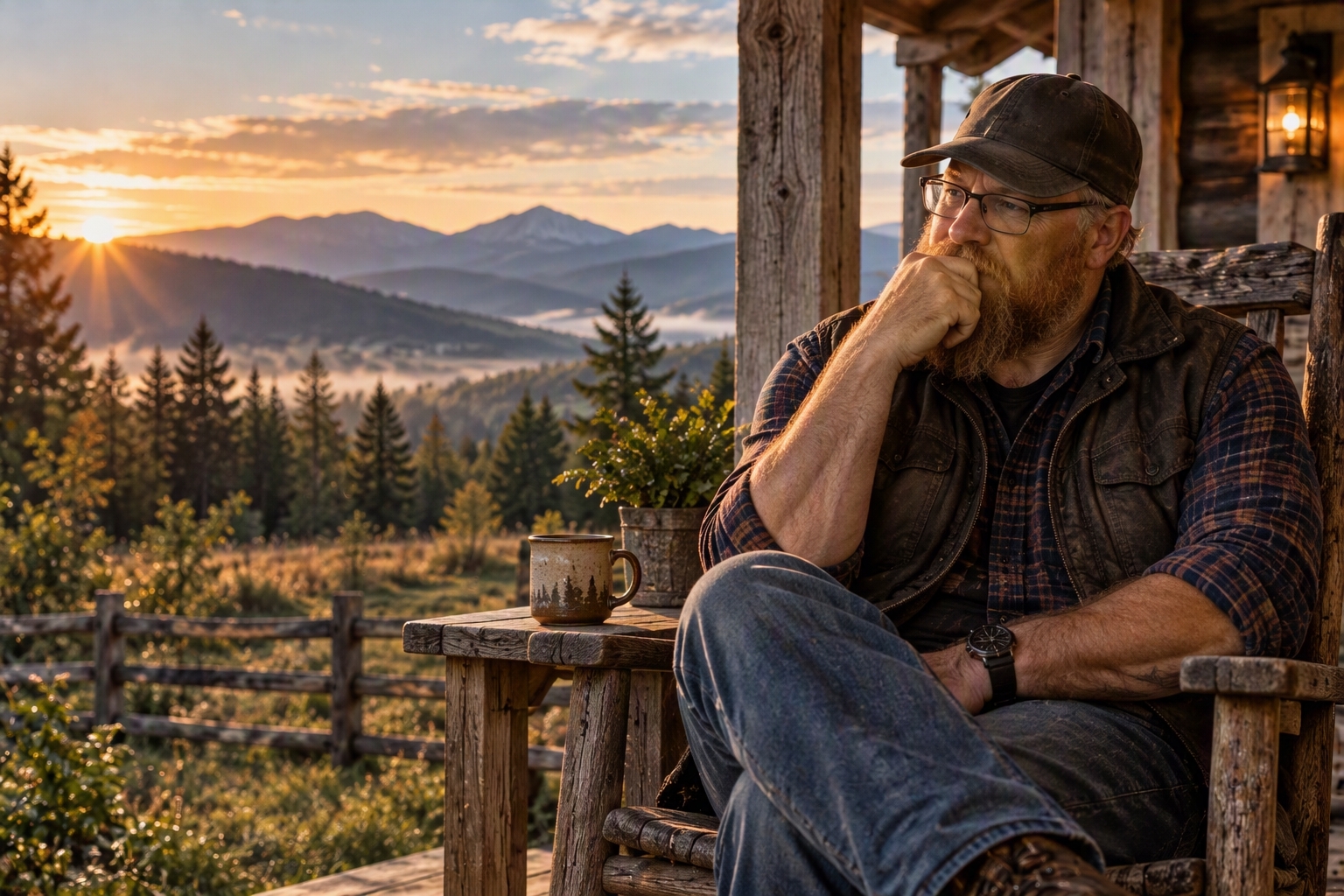 Mack reflecting quietly on a mountain-view porch, illustrating the importance of thoughtful and gracious speech.