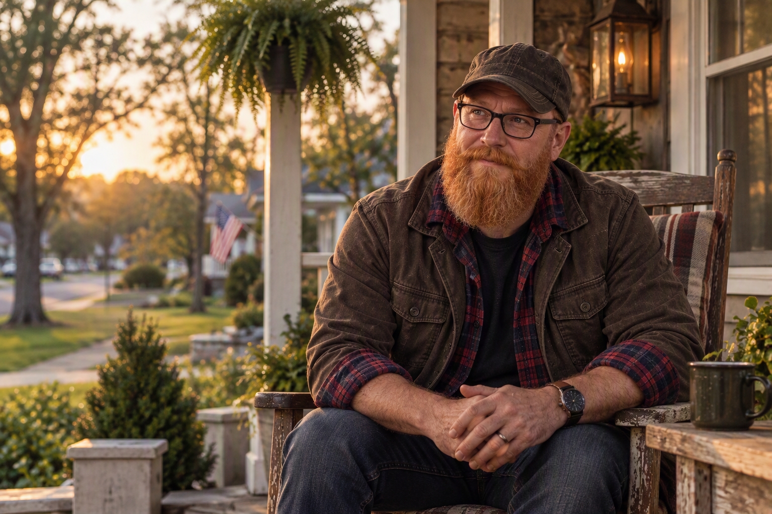Mack reflecting on Christian faith and civic responsibility on a porch.