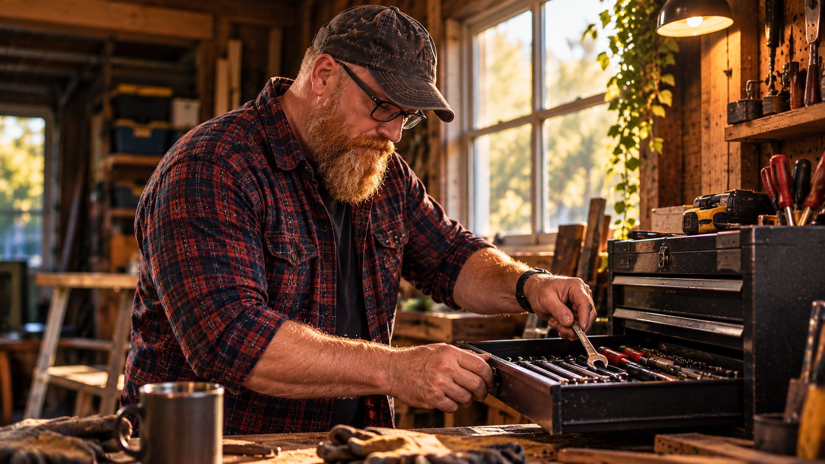 Mack tidying tools in his workshop